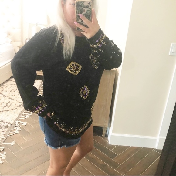 VINTAGE Sweater Womens medium Black Knit Beaded Pullover Ugly Christmas Sequin - Picture 3 of 8